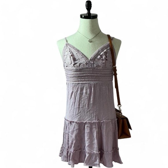 Love Tree Crochet Lace Backless Mini Dress Sleeveless Ruffle Hem Purple - Picture 1 of 7